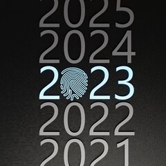 Fototapete - Time turner with the number 2023 and a fingerprint illuminated in blue neon light on a black background.submission of biometric data in 2023.fingerprint identification 2023.3d render.3d illustration