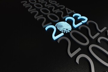 Fototapete - Time turner with the number 2023 and a fingerprint illuminated in blue neon light on a black background.submission of biometric data in 2023.fingerprint identification 2023.3d render.3d illustration