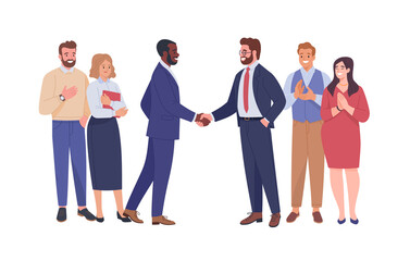Wall Mural - Meeting of two business teams. Vector cartoon illustration of diverse smiling business people, and two bosses shaking hands. Isolated on white