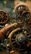 Metal Steampunk Mechanism Of Clockwork Gears And Springs. The Concept Of The Old Rusty Mechanism.