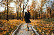 Outdoor autumn portrait of happy smiling plus size red hair woman in dress walking in fall park. Candid portrait of happy curvy woman