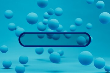 Poster - abstract background. blue balls flying on a blue background. browser search bar in the middle. searching for information on the Internet. beautiful desktop. 3d render. 3d illustration