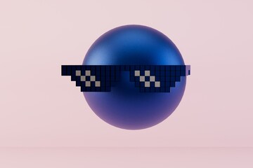 Poster - icon of a blue serious emoticon in black pixel glasses on a pink pastel background. 3d render. 3d illustration