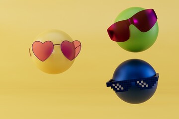 Poster - abstract background. multi-colored circles emoticons in glasses on a yellow background. creative emoji idea. 3d render. 3d illustration