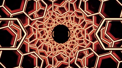 Poster - 3D tunnel with hexagons and moving black hole. Design. Tunnel of 3d honeycombs with moving black liquid at end. Filling tunnel of honeycombs with black liquid