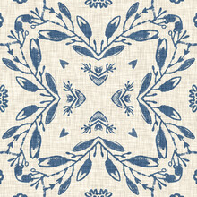 French Blue Floral French Printed Fabric Pattern For Shabby Chic Home Decor Style. Rustic Farm House Country Cottage Flower Linen Seamless Background. Patchwork Quilt Effect Motif Tile.