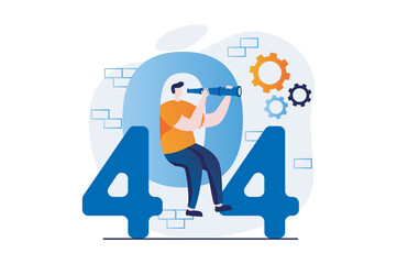 Poster - Page not found concept with people scene in flat cartoon design. Man with spyglass looking for site with disconnects problem and 404 access error warning. Vector illustration visual story for web