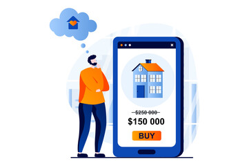 Poster - Real estate concept with people scene in flat cartoon design. Man thinks about received offer with discount price for purchase of new house or apartment. Vector illustration visual story for web