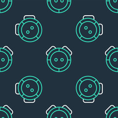 Poster - Line Robot vacuum cleaner icon isolated seamless pattern on black background. Home smart appliance for automatic vacuuming, digital device for house cleaning. Vector