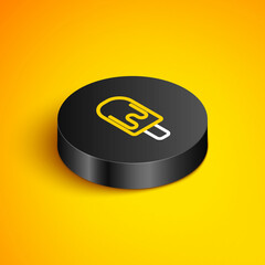 Sticker - Isometric line Ice cream icon isolated on yellow background. Sweet symbol. Black circle button. Vector