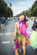 Gorgeous Asian Man In A Rainbow Chiffon Dress On A Pride In Berlin