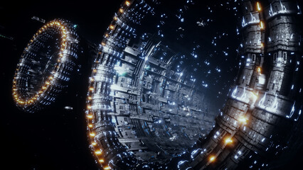 Wall Mural - space futuristic base with ships traffic. futuristic concept. 3d rendering.