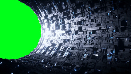 Wall Mural - space futuristic base with ships traffic. futuristic concept. green screen isolate. 3d rendering.
