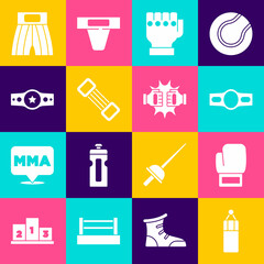 Sticker - Set Punching bag, Boxing glove, belt, MMA, Chest expander, short and boxing gloves icon. Vector