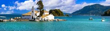 Greece , Ionian Islands. Corfu Andmarks - Beautiful Monastery Vlaherna In Small Island In Corfu Town Near At Airport