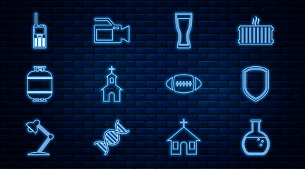 Wall Mural - Set line Test tube and flask, Shield, Glass of beer, Church building, Propane gas tank, Walkie talkie, American Football ball and Cinema camera icon. Vector