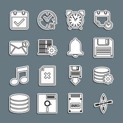 Poster - Set line Kayak and paddle, Setting database server, Floppy disk, Alarm clock, Server setting, New, email incoming message, Calendar with check mark and Ringing bell icon. Vector