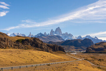 Winding road leading towards the town of El Chalten, famous for the Fitz Roy mountain in the Patagonia region of Argentina.