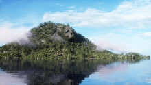 Fantasy Island With Skull Mountain. Airy Concept. Dynamic Trees. 3d Rendering.