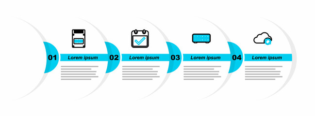 Poster - Set line Cloud sync refresh, Retro flip clock, Calendar with check mark and SSD card icon. Vector