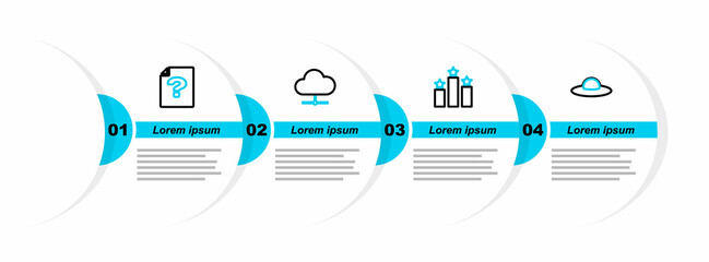 Poster - Set line UFO flying spaceship, Ranking star, Network cloud connection and Unknown document icon. Vector