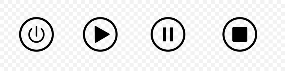 Poster - Play pause and stop button. Video audio player. Multimedia icons set.  Stock vector illustration isolated on transparent for apps and webs