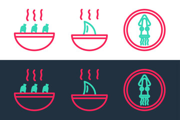 Sticker - Set line Octopus on a plate, Soup with shrimps and Shark fin soup icon. Vector