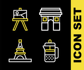 Sticker - Set line Triumphal Arch, French press, Eiffel tower and Easel or painting art boards icon. Vector