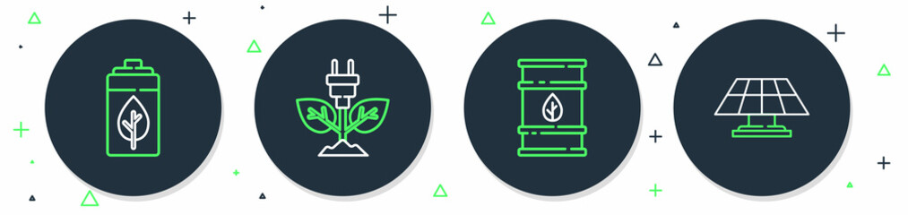 Sticker - Set line Electric saving plug in leaf, Bio fuel barrel, Eco nature and battery and Solar energy panel icon. Vector