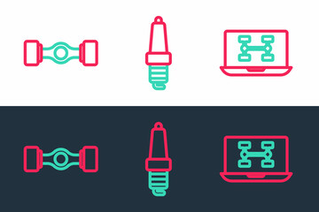 Sticker - Set line Diagnostics condition of car, Chassis and Car spark plug icon. Vector