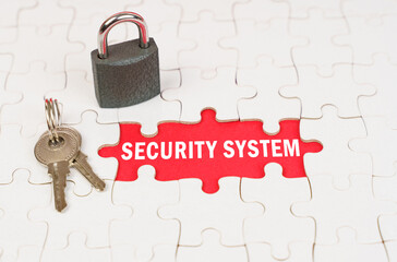 Poster - On puzzles there is a lock and keys, on a red surface there is an inscription - Security System