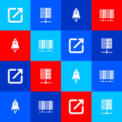 Poster - Set Open in new window, Server, Data, Web Hosting, Rocket ship with fire and icon. Vector