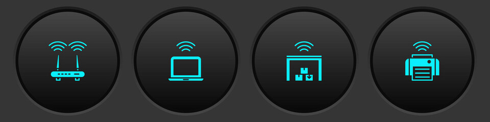 Set Router and wi-fi signal, Wireless laptop, Smart warehouse and printer icon. Vector