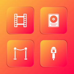 Poster - Set Play Video, CD disk award in frame, Rope barrier and Microphone icon. Vector