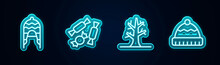 Set Line Winter Hat, Candy, Bare Tree And . Glowing Neon Icon. Vector