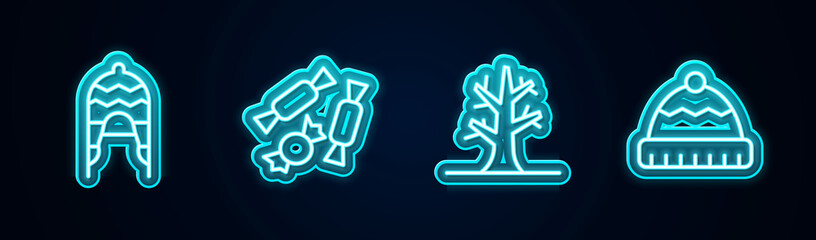 Sticker - Set line Winter hat, Candy, Bare tree and . Glowing neon icon. Vector