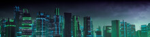 Cyberpunk Cityscape With Green And Blue Neon Lights. Night Scene With Visionary Skyscrapers.