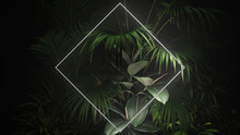 Tropical Plants Illuminated With White Fluorescent Light. Nature Environment With Diamond Shaped Neon Frame.