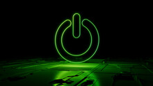 Green Activate Technology Concept With Power Symbol As A Neon Light. Vibrant Colored Icon, On A Black Background With High Tech Floor. 3D Render