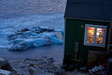 Iceberg, House In Polar Night Darkness - Greenland, Arctic Winter