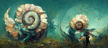 Nautilus Shell Floral Fantasy Surreal Dreamscape In Rustic Ammonite Browns And Aquamarine Ocean Blue Shades. Original Modern Art Wonderland.