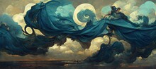 Epic Silk Fabric Fluttering And Wind Blown, Carried Away By Renaissance Inspired Fantasy Art Style Clouds And Abstract Celestial Moon.  Vast Gorgeous Cloudscape.