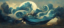 Epic Silk Fabric Fluttering And Wind Blown, Carried Away By Renaissance Inspired Fantasy Art Style Clouds And Abstract Celestial Moon.  Vast Gorgeous Cloudscape.