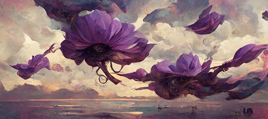 Wall Mural - Indigo purple silk fabric fluttering and wind blown, carried away by renaissance inspired fantasy art style clouds. Memorable and mesmerizing dreamscape.