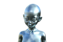 Silver Bald Alien Humanoid On A White Background.