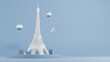 3D Rendering of paris panorama with eiffel tower, hot air balloons and an airplane in flight. Good for travel postcard, poster and tour advertising.