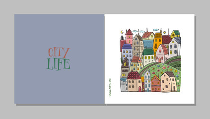 Wall Mural - Vintage old city, cute houses. Concept art for your business. Cards, banner, web, promotional materials. Corporate identity template. Vector illustration