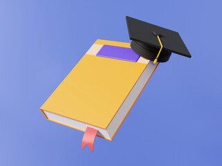 Poster - Mockup red mark orange book and graduation cap floating on pastel background with book learning school, online education concept. Minimal cartoon cute smooth, website. 3d render illustration