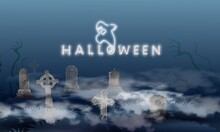 Neon Halloween Inscription With A Ghost, An Old Cemetery At Night With Silhouettes Of Dead Souls, Graves, Fog, Midnight In The Dark. Scary Halloween Scene. Cartoon Vector Horizontal Illustration