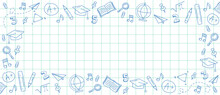 Welcome Back To School Horizontal Banner, Doodle On Checkered Paper Background, Vector Illustration. Drawing With A Blue Pen On A Notebook Sheet In A Box. Vector Illustration In Linear Style